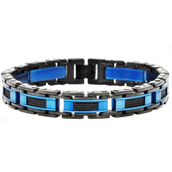 Men's Blue And Black Stainless Steel Link Wire Bracelet SVS Fine Jewelry Oceanside, NY