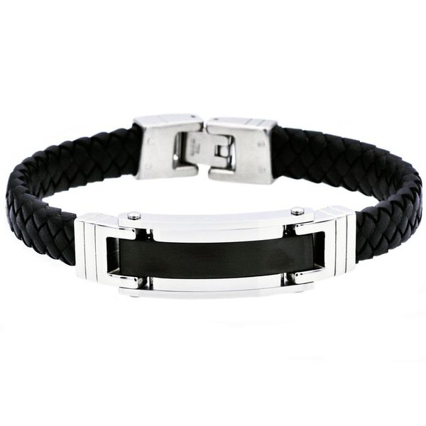 Men's Stainless Steel Black Leather Bracelet SVS Fine Jewelry Oceanside, NY