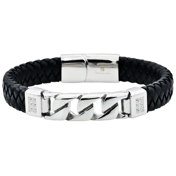 Men's Black Leather And Stainless Steel Bracelet SVS Fine Jewelry Oceanside, NY