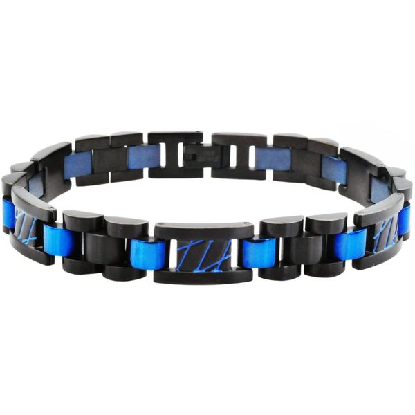 Men's Blue And Black Plated Stainless Steel Link Bracelet SVS Fine Jewelry Oceanside, NY