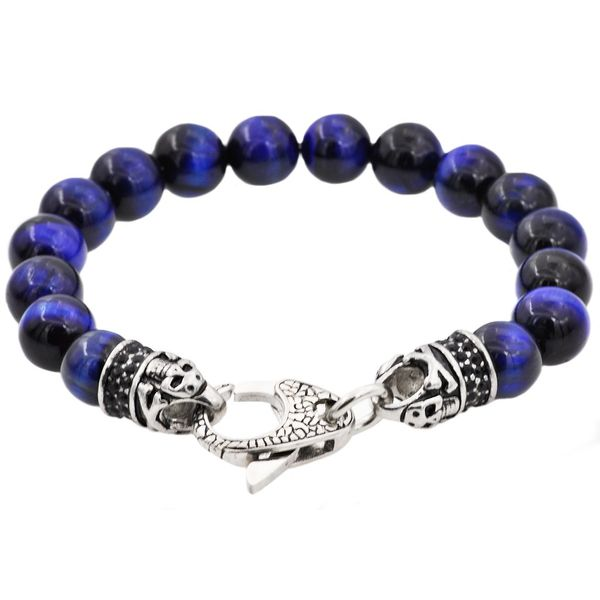 Men's Genuine Blue Tiger Eye Beaded Bracelet SVS Fine Jewelry Oceanside, NY
