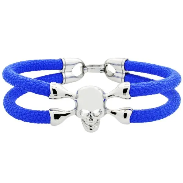 Men's Stainless Steel And Blue Leather Skull Bracelet SVS Fine Jewelry Oceanside, NY