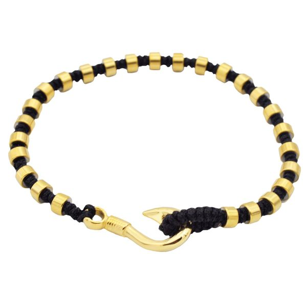 Men's Black Cotton Rope Gold Stainless Steel Bracelet SVS Fine Jewelry Oceanside, NY