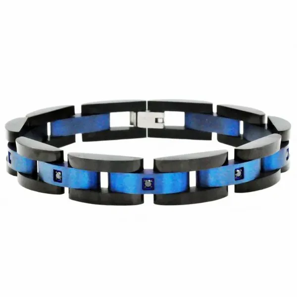 Men's Curved Link Black and Blue Stainless Steel Bracelet SVS Fine Jewelry Oceanside, NY