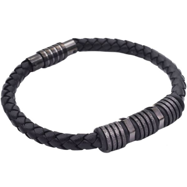 Men's Black Leather Stainless Steel Bracelet SVS Fine Jewelry Oceanside, NY