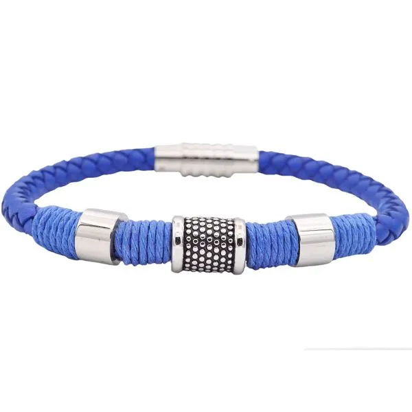 Men's Blue Leather Stainless Steel Bracelet SVS Fine Jewelry Oceanside, NY