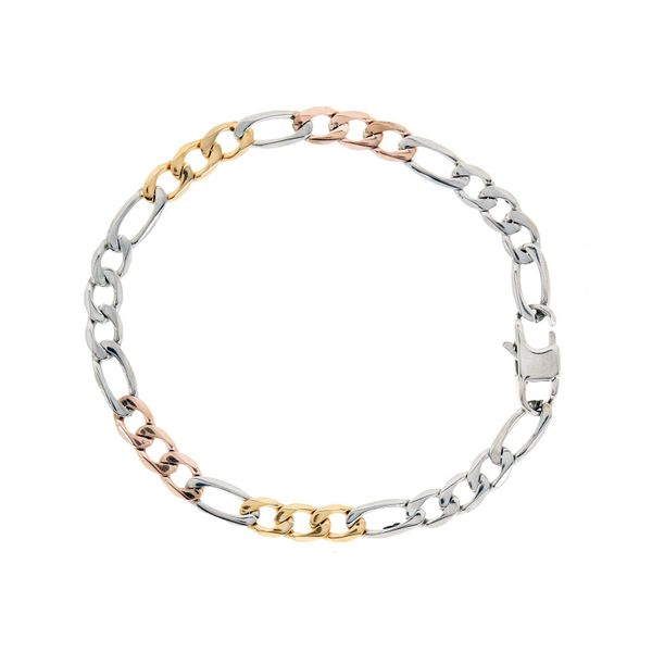 Men's Rose and Yellow Gold Stainless Steel Figaro Bracelet SVS Fine Jewelry Oceanside, NY