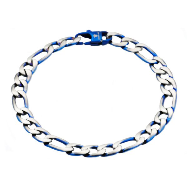 Men's Two Tone Blue Stainless Steel Figaro Link Bracelet SVS Fine Jewelry Oceanside, NY