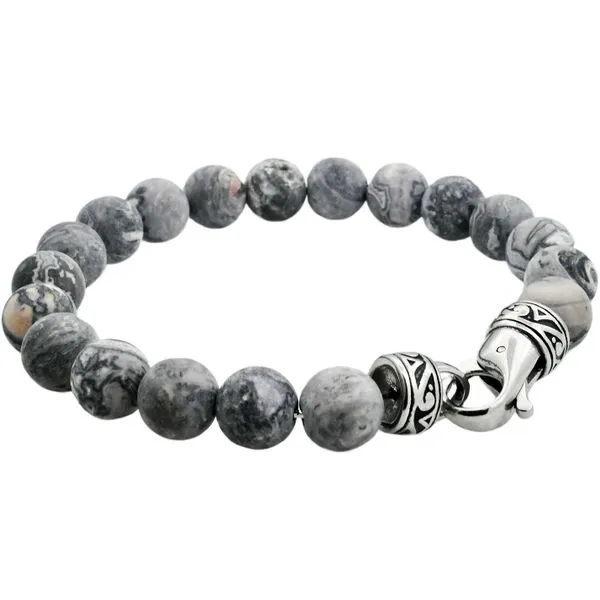 Men's Genuine Gray Jasper Stainless Steel Bracelet SVS Fine Jewelry Oceanside, NY