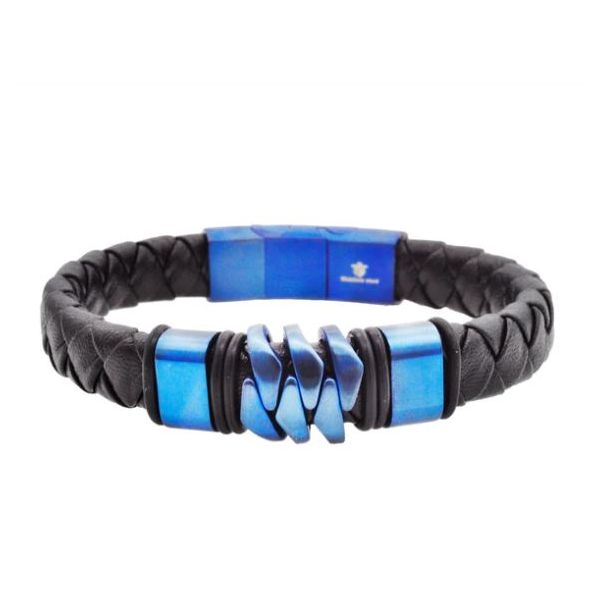 Men's Black Leather And Blue Stainless Steel Bracelet SVS Fine Jewelry Oceanside, NY