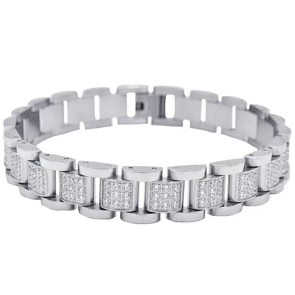 Men's Stainless Steel Link Bracelet With Cubic Zirconia SVS Fine Jewelry Oceanside, NY
