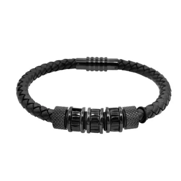 Men's Black Leather Black Stainless Steel Bracelet SVS Fine Jewelry Oceanside, NY