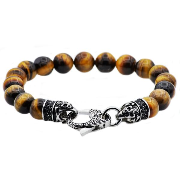 Men's Genuine Tiger Eye Stainless Steel Beaded Bracelet SVS Fine Jewelry Oceanside, NY