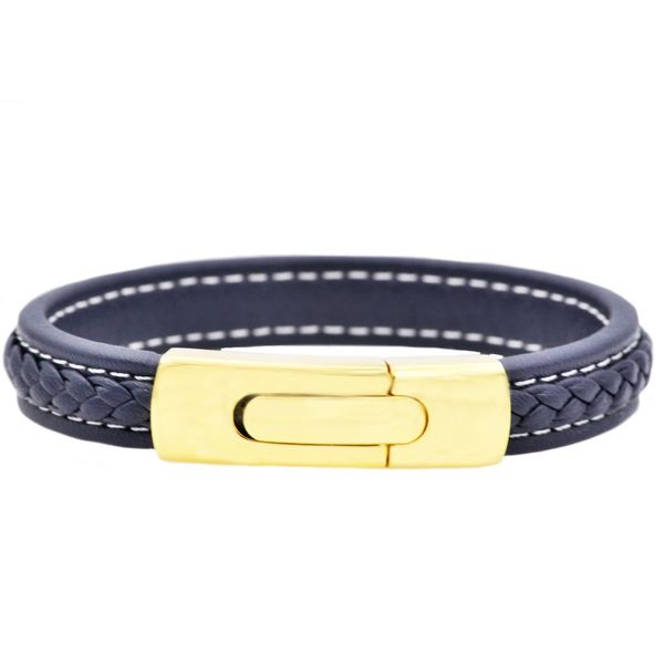 Men's Gold Plated Stainless Steel Blue Leather Bracelet SVS Fine Jewelry Oceanside, NY