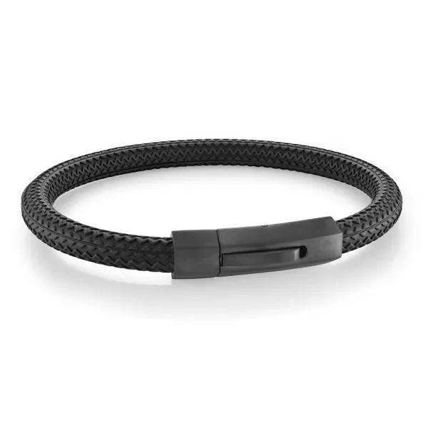 Men's Black Tire Rubber & Gun IP Steel Clasp Bracelet SVS Fine Jewelry Oceanside, NY