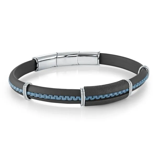 Men's Black Rubber & Blue IP Steel Box Link Bracelet SVS Fine Jewelry Oceanside, NY