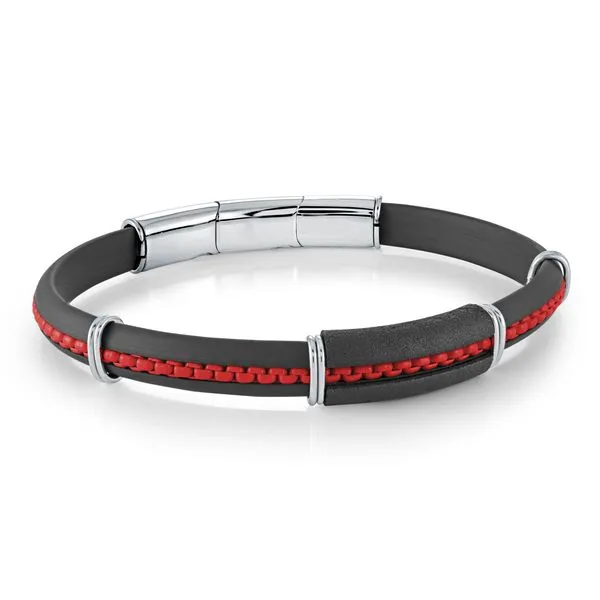 Men's Black Rubber & Red IP Steel Box Link Bracelet SVS Fine Jewelry Oceanside, NY