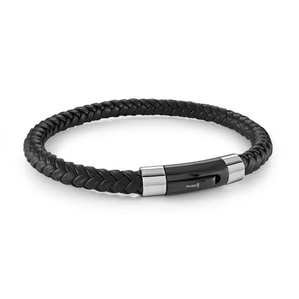 Men's Black Leather & Black IP Steel Clasp Bracelet SVS Fine Jewelry Oceanside, NY