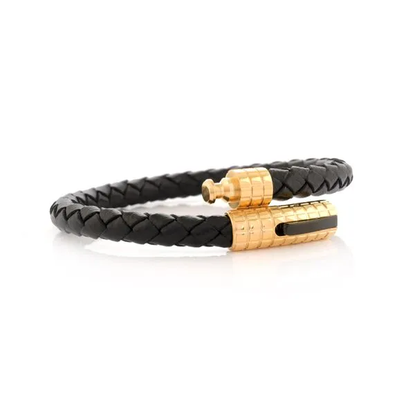 Men's Black Leather & Gold & Black IP Steel Bracelet Image 2 SVS Fine Jewelry Oceanside, NY