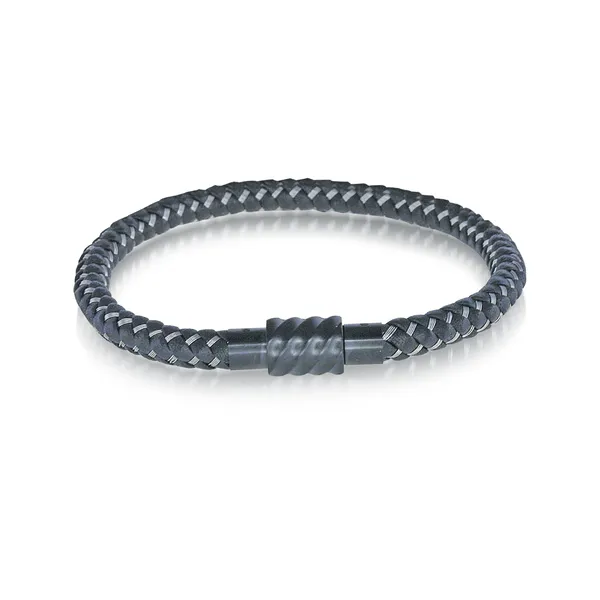 Men's Black Leather & Black IP Steel Mix Bracelet SVS Fine Jewelry Oceanside, NY