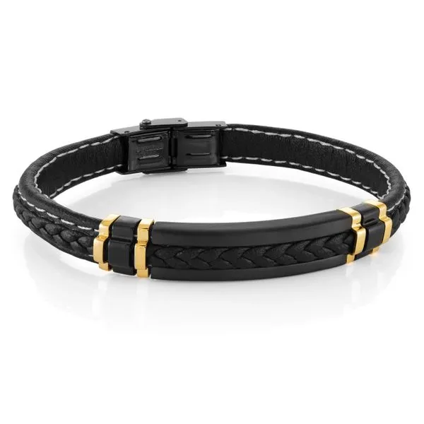 Men's Black Leather & Gold & Black IP Steel Bracelet SVS Fine Jewelry Oceanside, NY