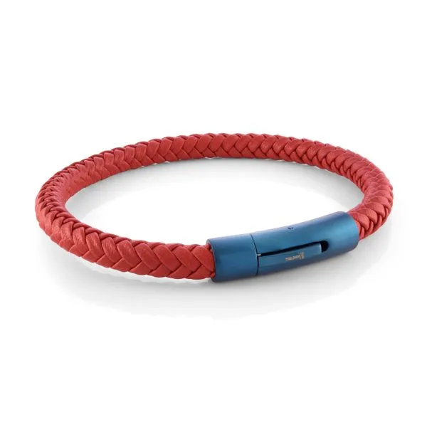 Men's Red Leather & Blue IP Steel Bracelet Image 2 SVS Fine Jewelry Oceanside, NY
