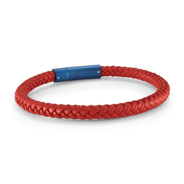 Men's Red Leather & Blue IP Steel Bracelet SVS Fine Jewelry Oceanside, NY