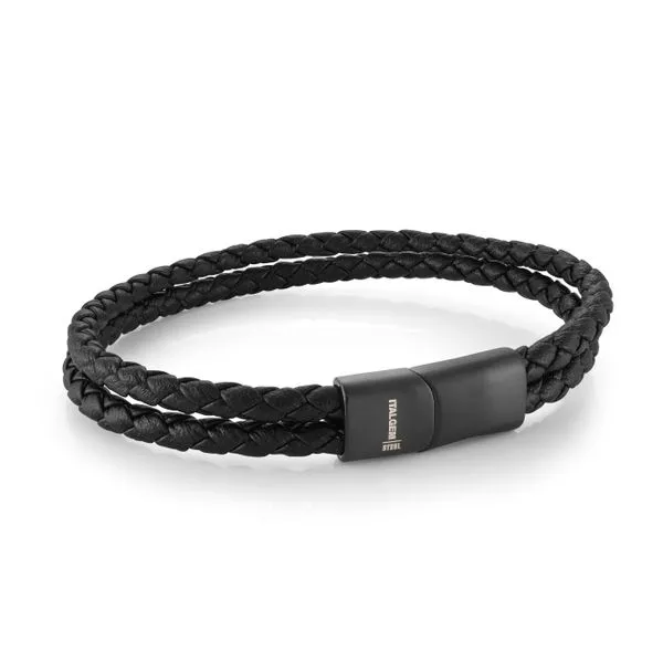 Men's Black Leather & Black IP Steel Bracelet SVS Fine Jewelry Oceanside, NY