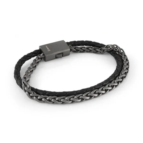 Men's Black Leather & Gun IP Steel Bracelet SVS Fine Jewelry Oceanside, NY