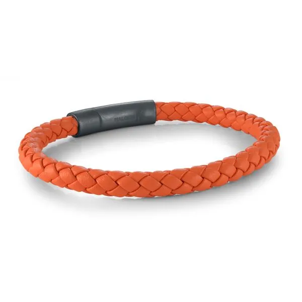Men's Orange Leather & Gun IP Steel Bracelet SVS Fine Jewelry Oceanside, NY