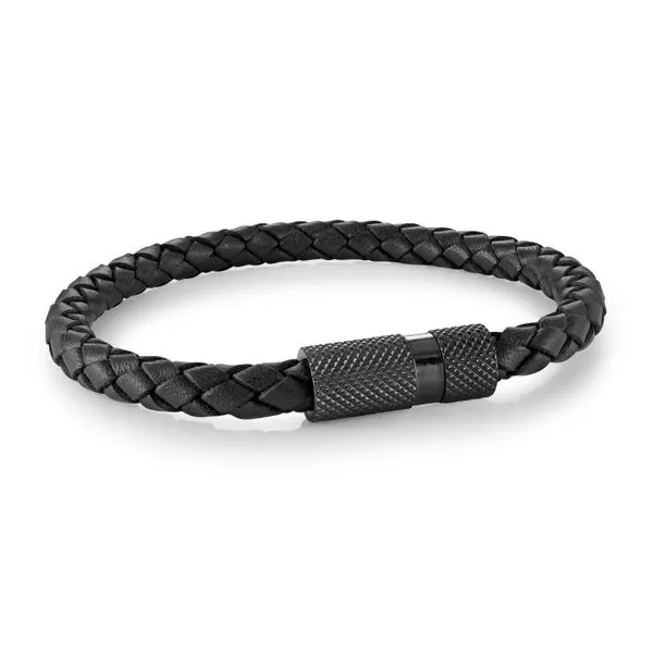 Men's Black Leather & Gun IP Steel Bracelet SVS Fine Jewelry Oceanside, NY
