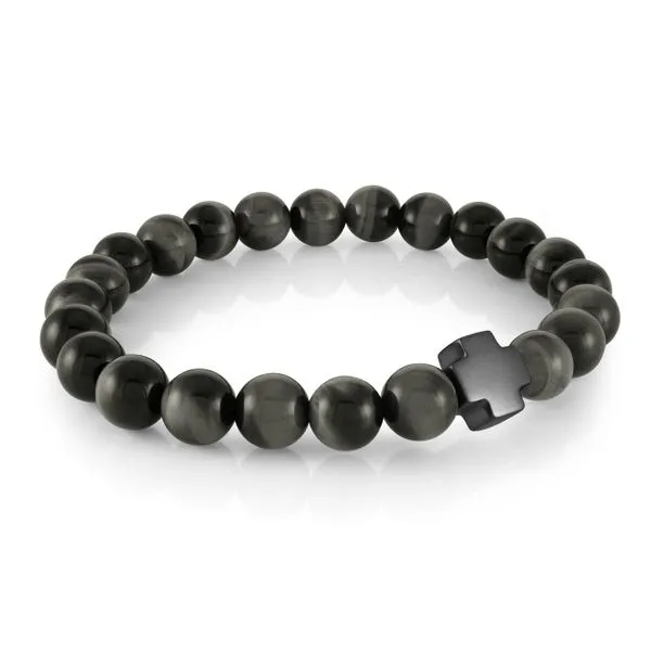 Men's Gun IP Steel Cross & Eagle's Eye Bead Bracelet SVS Fine Jewelry Oceanside, NY