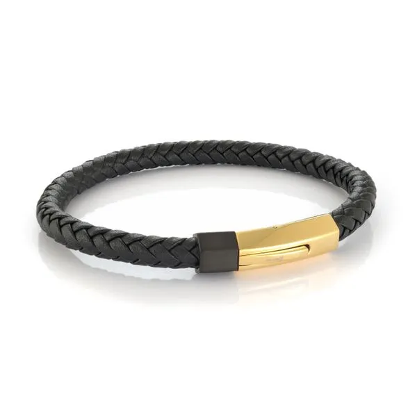 Men's Black Leather & Gold IP Steel Bracelet SVS Fine Jewelry Oceanside, NY