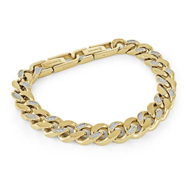 Mens Gold IP Steel & CZ Curb Bracelet