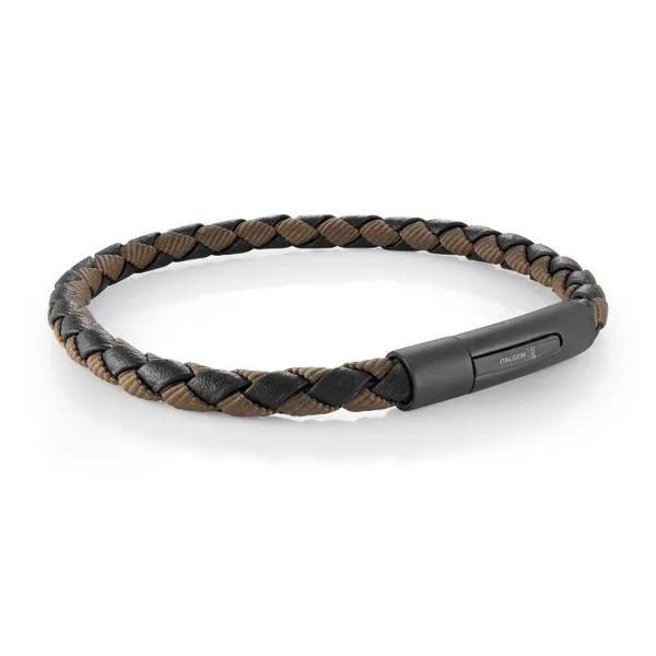 Mens Brown Leather & Black IP Steel Braided Bracelet