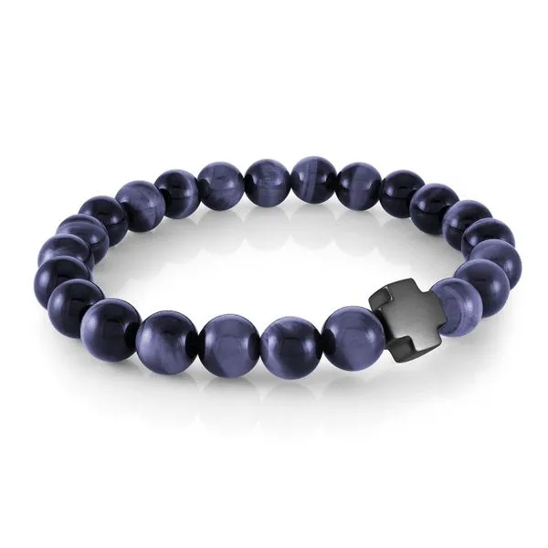 Mens Gun IP Steel & Blue Tigers Eye Cross Bracelet
