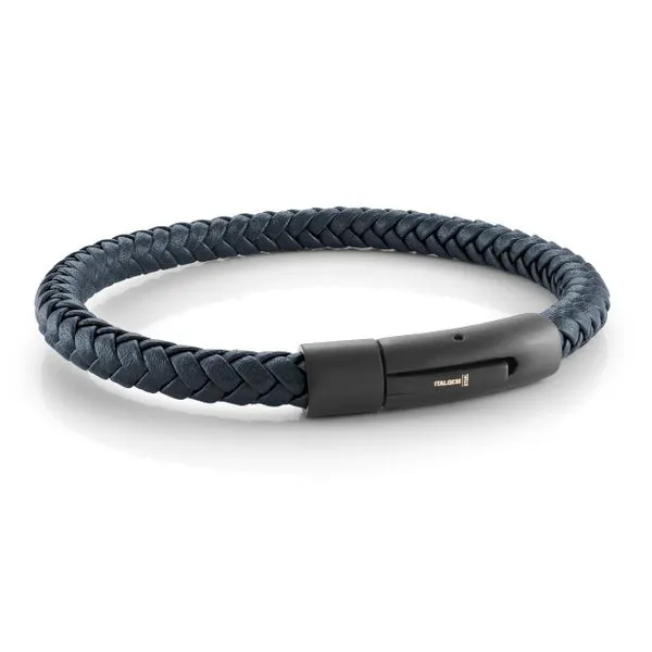 Mens Navy Leather & Black IP Steel Bracelet, 8\