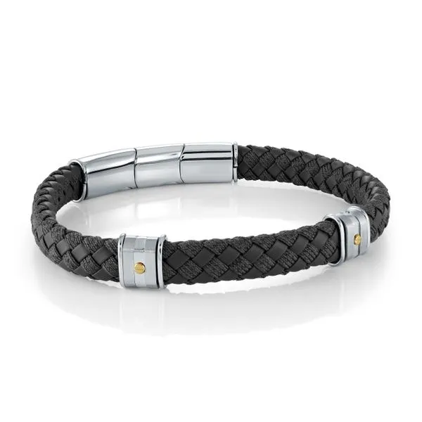Mens Black Leather & Stainless & Gold IP Steel Bracelet