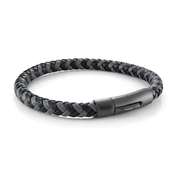 Mens Grey & Navy Leather & Gun IP Steel Bracelet
