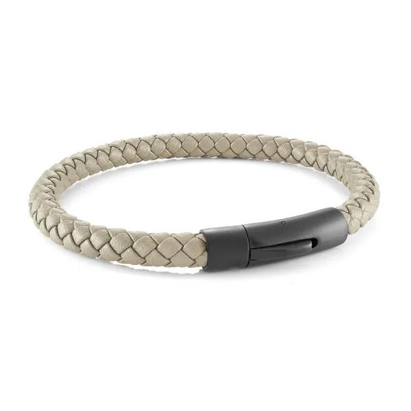 Mens Oatmeal Leather & Black IP Steel Bracelet