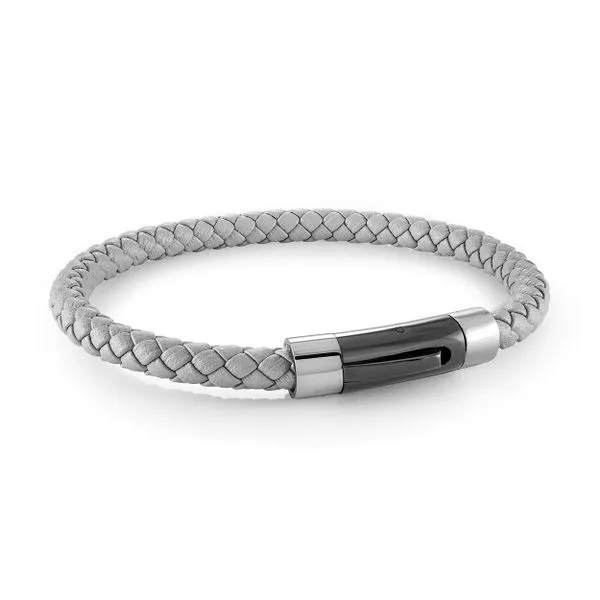 Mens Grey Leather & Black IP Steel Bracelet