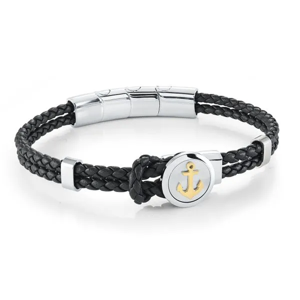 Mens Black Leather & Gold IP Steel Bracelet