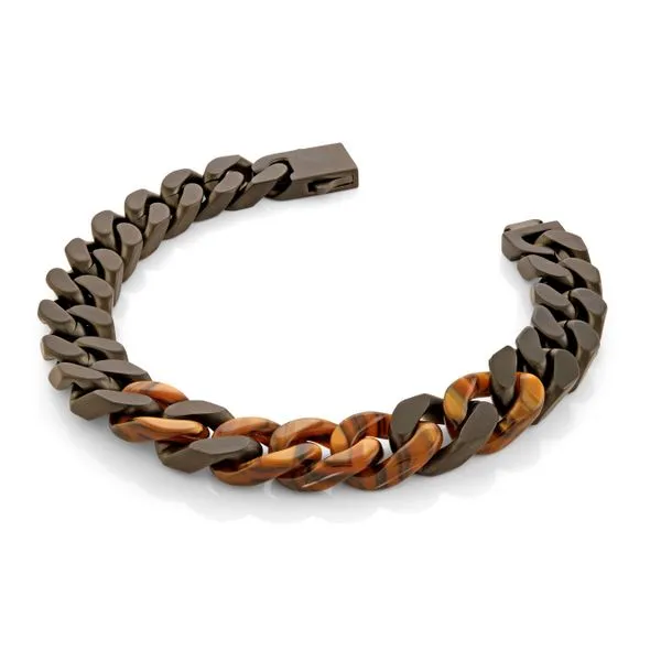Mens Black IP Steel & Tigers Eye Acetate Bracelet