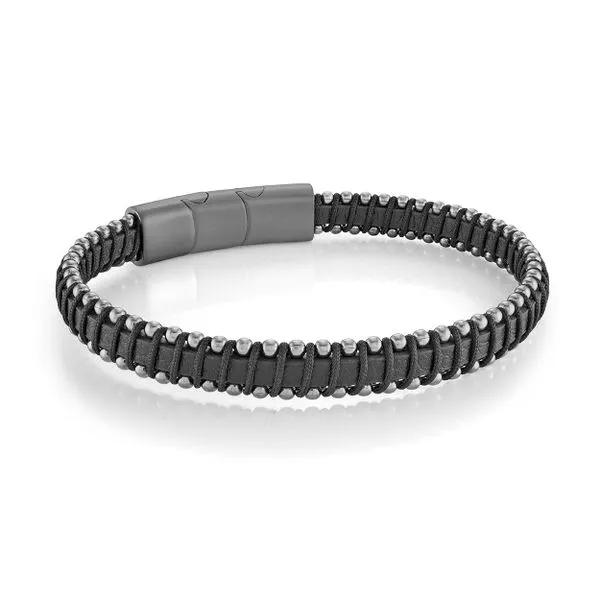 Men's Gun IP Steel, Cord, & Leather Bracelet SVS Fine Jewelry Oceanside, NY