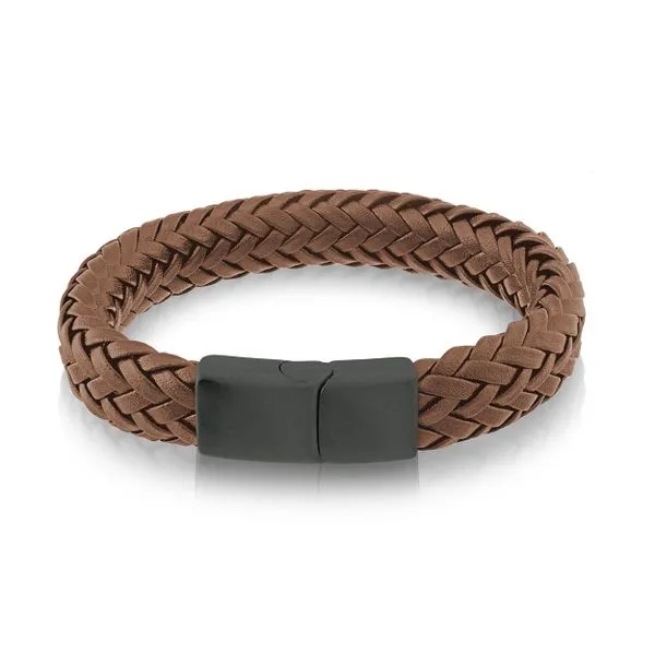 Men's Black IP Steel & Brown Leather Bracelet, 8