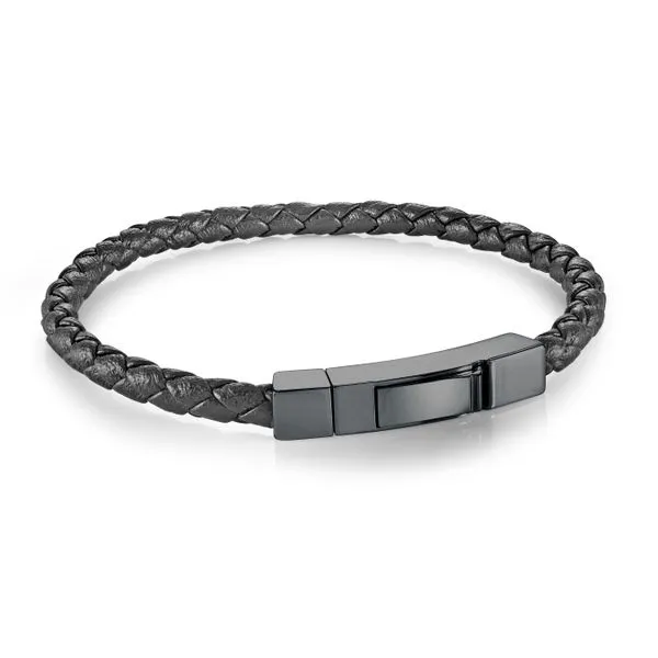 Men's Black IP Steel Black Leather Bracelet SVS Fine Jewelry Oceanside, NY