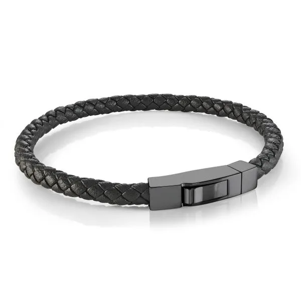 Men's Black IP Steel Black Leather Bracelet SVS Fine Jewelry Oceanside, NY