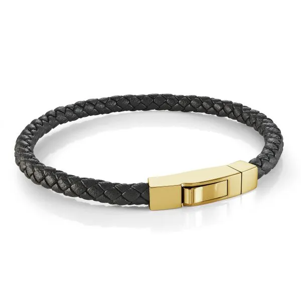 Men's Gold IP Steel Black Leather Bracelet SVS Fine Jewelry Oceanside, NY