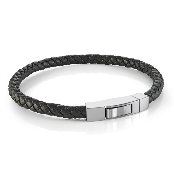 Men's Stainless Steel Black Leather Bracelet SVS Fine Jewelry Oceanside, NY
