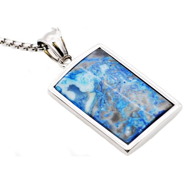 Men's Stainless Steel Blue Lace Agate Dog Tag Pendant SVS Fine Jewelry Oceanside, NY